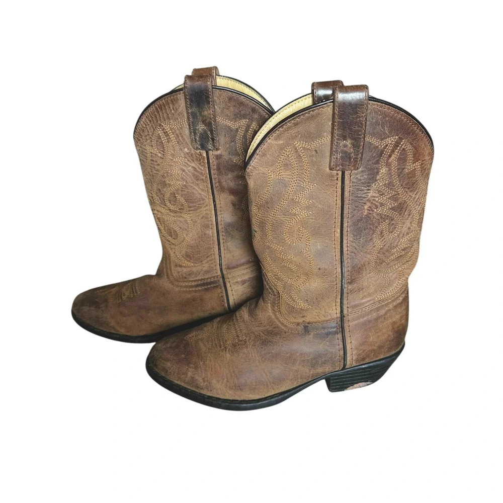 Smoky Mountain Brown Leather Western Cowboy Boots Kids Size 3 Youth Embroidered